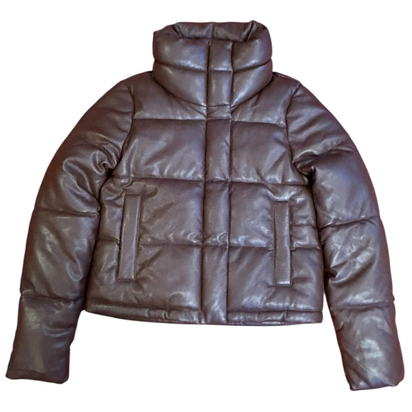 NWT Abercrombie & Fitch Chocolate Brown Faux Leather Mini Puffer Jacket Size XS - Picture 2 of 11